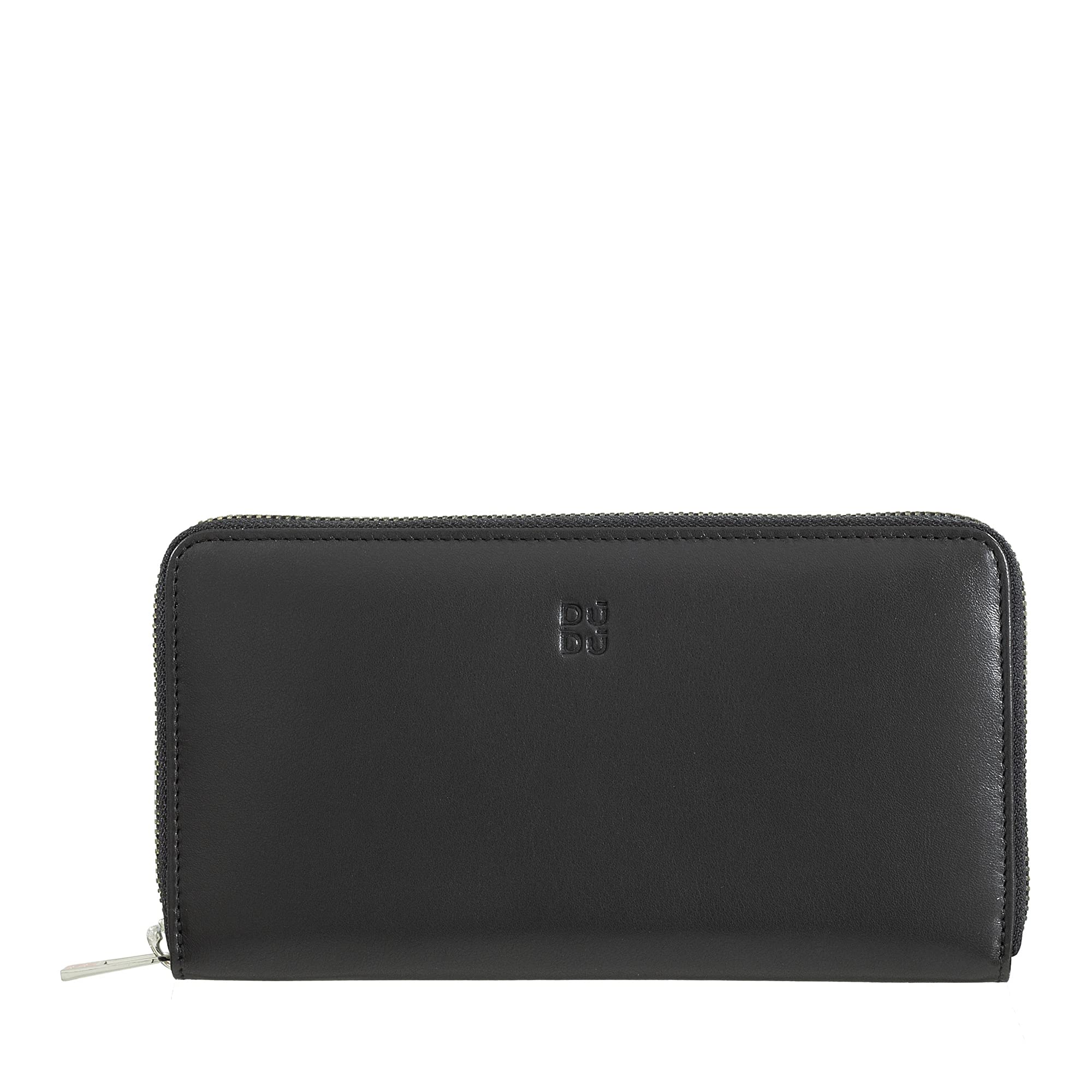DuDu Große Bunte Damenbrieftasche RFID in echtem Leder mit Rundum - Reißverschluss Schwarz