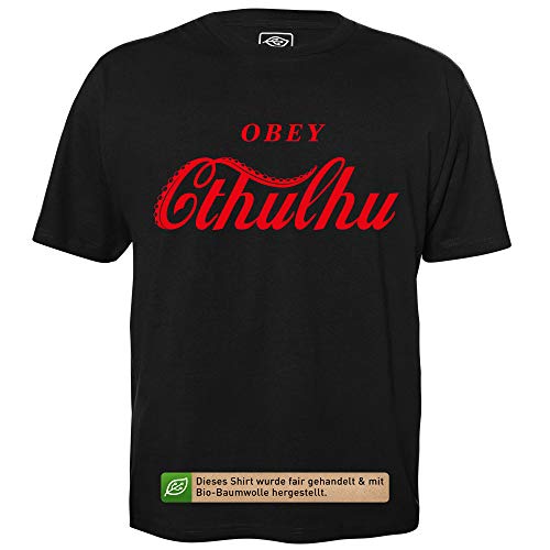 Obey Cthulhu - Herren T-Shirt für Geeks mit Spruch Motiv aus Bio-Baumwolle Kurzarm Rundhals Ausschnitt, Größe L