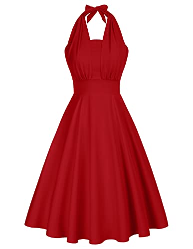 Damen Kleid Festlich Midi A-Linie Kleid Neckholder Abendkleid Partykleid Hochzeit Rot XL