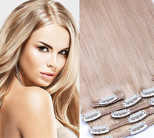 Clip In Extension Set 7 Teile glatt 55cm Haarverlängerung Haarteil 100% Remy Echthaar Clip in Hair Extension von GlamXtensions in Farbe: 22 Hellblond