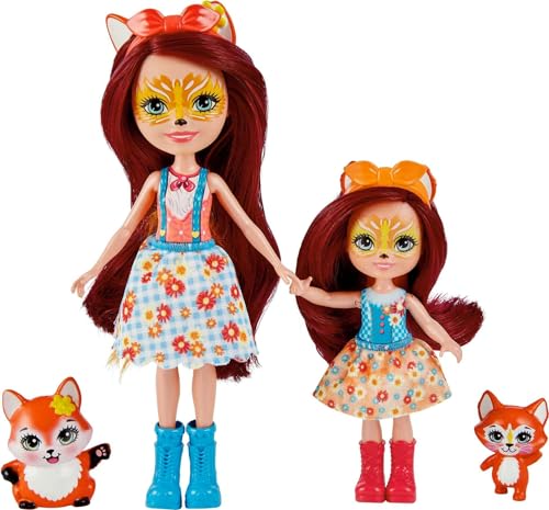 Enchantimals HCF81 - Felicity Fox und kleine Schwester (ca. 15 cm und ca. 10 cm) und 2 Tierfiguren, abnehmbarer Rock und Zubehörteile, tolles Spielzeug Geschenk für Kinder ab 3 Jahren