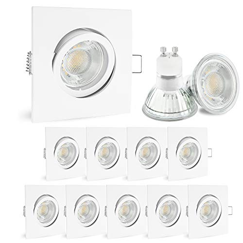 linovum® 10 Stück LED Einbaustrahler warmweiß 230V - mit 6W GU10 Lampe 2700K wechselbar - Einbauspots eckig weiß schwenkbar