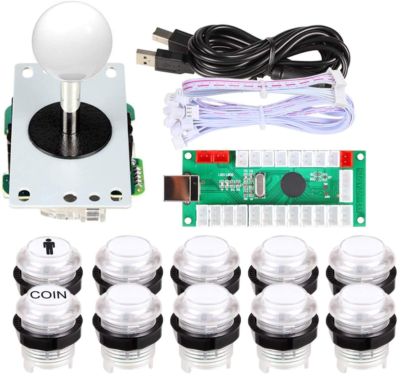 EG STARTS 1 Spieler USB LED Encoder zu PC-Spiele 8-Wege-Stick-Controller + 10x LED beleuchtet Tasten für Arcade Joystick DIY Kits Teile Mame Raspberry Pi 2 3 Spiele Weiß