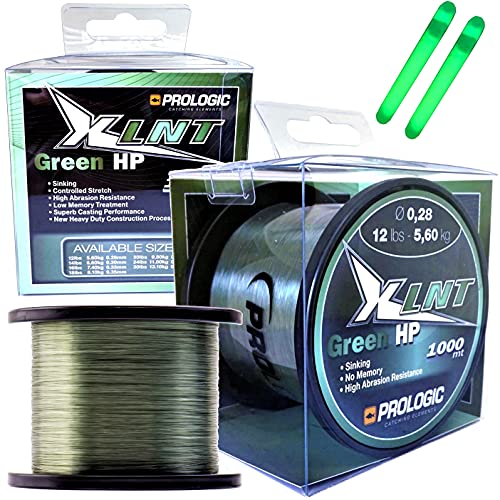 PROLOGIC XLNT HP Green Monofil Karpfen Schnur 1000m - Monofilschnur Angelschnur Karpfenschnur - 0,28mm bis 0,43mm + GRATIS 2er Pack Knicklichter (‎0,30mm / 6,60kg (14 lbs))