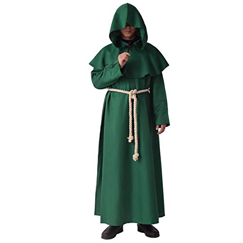 BLESSUME Priester Mönch Kostüm Mittelalterliche Kapuze Renaissance Robe (Grün,S)