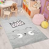 carpet city Kinderteppich Bubble Kids Flachflor mit Katze und Krone in Grau für Kinderzimmer; Größe: 80x150 cm