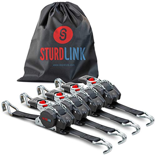 Sturdlink Zurrgurte mit Ratsche 25 mm mit automatischer Gurtaufwicklung Länge 3 m LC 300 daN / 600 daN mit Spitzhaken. Ideale Befestigung für Anhänger Fahrrad Motorrad Quad Auto