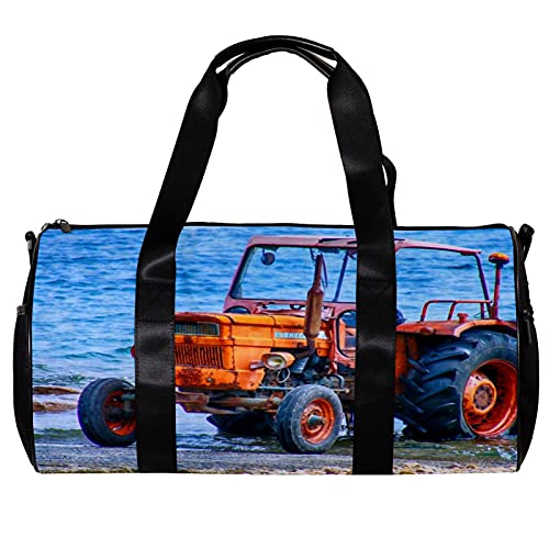 Runde Sporttasche mit abnehmbarem Schultergurt, Traktor, blaues Meer, Trainings-Handtasche für Damen und Herren