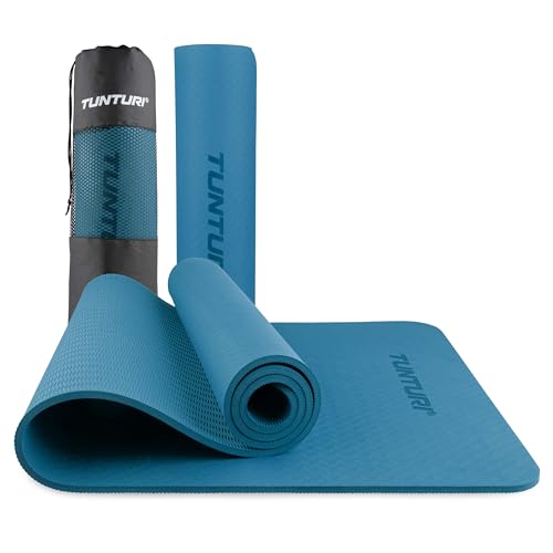 Tunturi Dicke Yogamatte 8mm - Rutschfest Gymnastikmatte - Mit Tragegurt - Für Yoga und Pilates - Sportmatte 183x61x0,8cm -Schadstofffrij - Besonders komfortabel - Petrol Blau