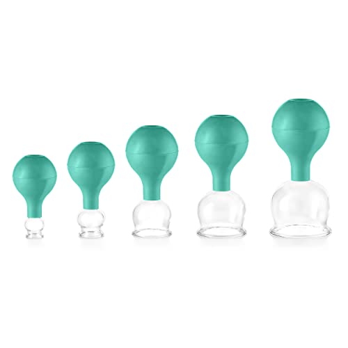 pulox Schröpfglas aus Echtglas 5er-Set inkl. Saugball 25 mm, 32 mm, 40 mm, 52 mm & 62 mm, Grün