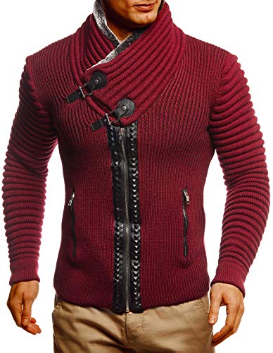 Leif Nelson Herren Strickjacke Jacke Freizeitjacke mit Schalkragen Winterjacke Slim Fit Bordeaux Rot XX-Large