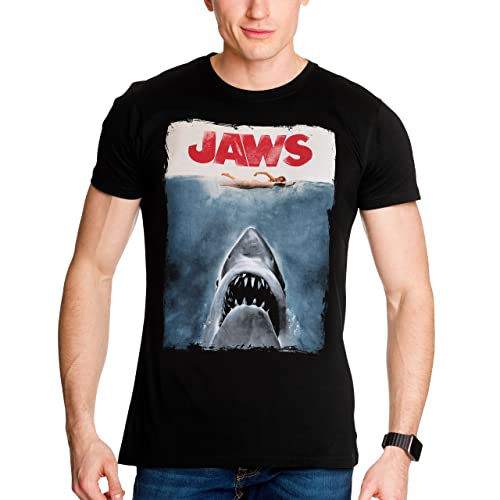 Elbenwald Der weiße Hai T-Shirt mit Jaws Poster Motiv für Herren Damen Unisex Baumwolle schwarz - L
