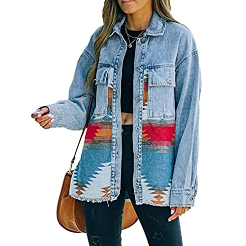 Yokbeer Damen Aztec Print Jacke Vintage Boho Ethnic Button-Down-Jackenmantel (Color : A-Orange, Size : L)