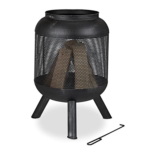 Relaxdays Feuerkorb, Mesh Design, Feuerrost, Schürhaken, HxD: 69 x 44 cm, Feuertonne, gebürsteter Stahl, schwarz-Silber