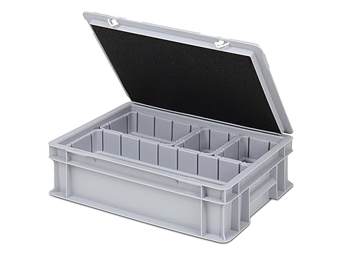 Einsatzkasten Einteilungs-Set für Eurobehälter, Schubladen mit Innenmaß 362x262 mm (LxB), 102 mm hoch, verschiedene Größen/Farben (4er Mix Set inkl. Box + Deckel, grau)