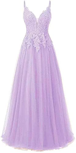 Damen Spitze Abendkleider Für Hochzeit Elegant Brautkleid Spaghetti-Träger Ballkleider(Lavendel,44)