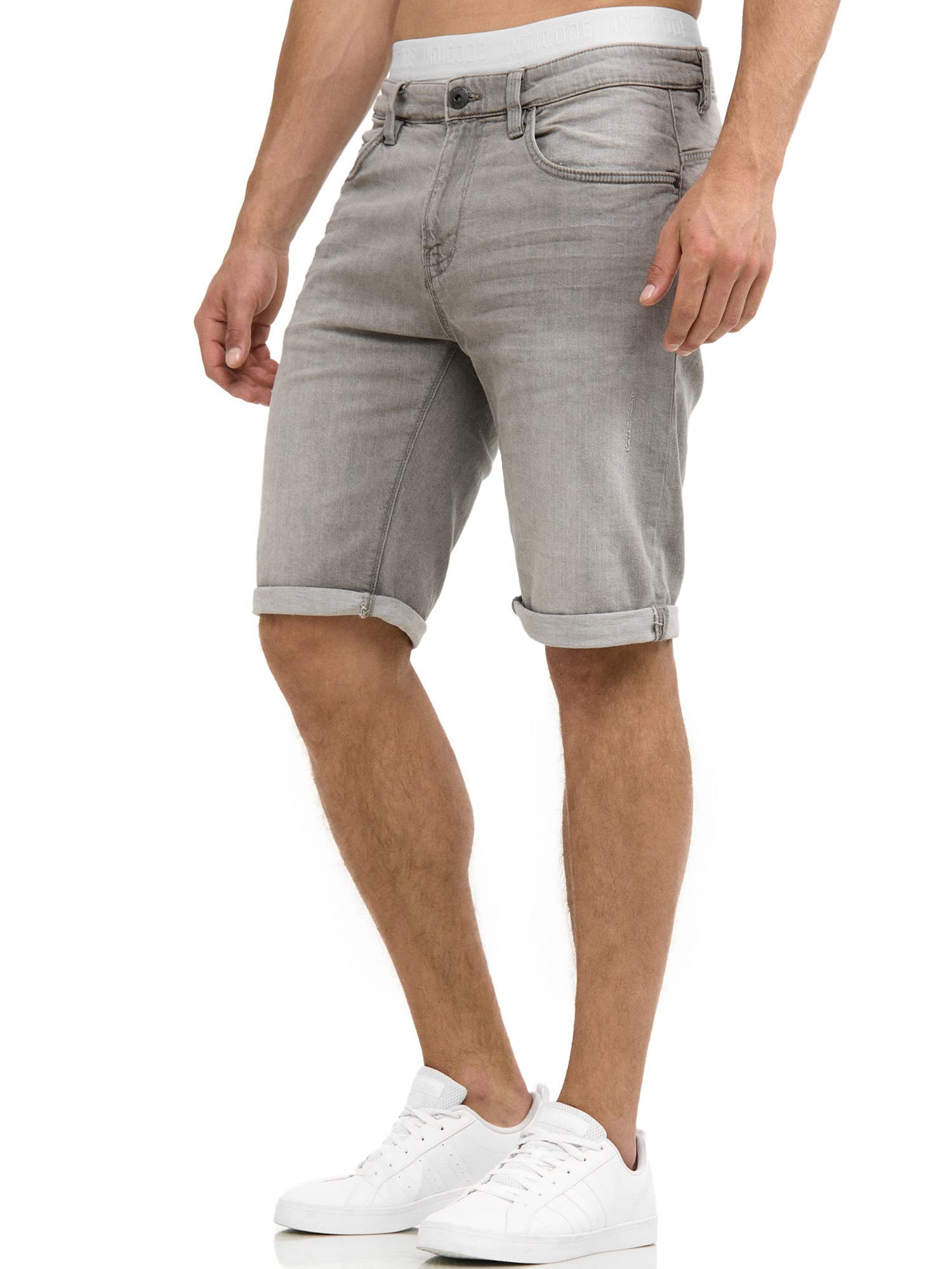 Indicode Herren Caden Jeans Shorts mit 5 Taschen | Herrenshorts Used Look für Männer Lt Grey M
