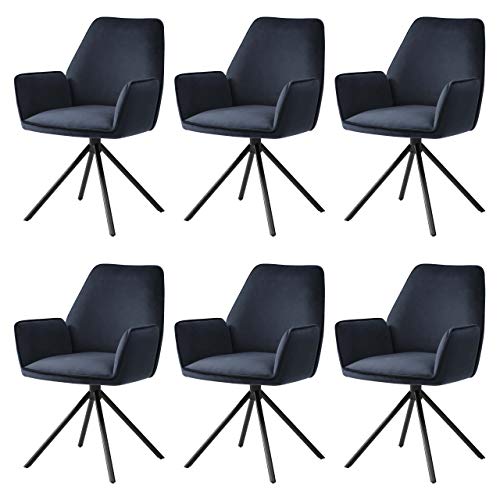 Mendler 6er-Set Esszimmerstuhl HWC-G67, Küchenstuhl Stuhl Armlehne, drehbar Auto-Position, Samt - anthrazit-blau, Beine schwarz