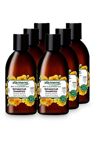 alkmene Reparatur Shampoo mit Bio Calendula - Haarshampoo für trockenes & strapaziertes Haar - veganes Shampoo ohne Silikon, Parabene, Mineralöl, SLS & SLES - Haarpflege im 6er Pack (6x 250 ml)