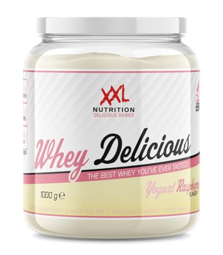 XXL Nutrition - Whey Delicious Protein Pulver - Leckerste Shake - Eiweiss Pulver, Whey Protein Isolat & Konzentrat - Hohe Qualität - 78,5% Proteingehalt - Himbeer Joghurt - 1000 Gramm