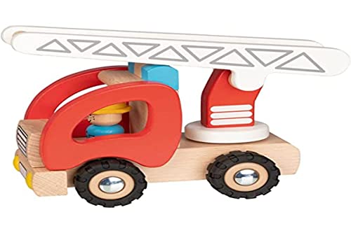 Goki 55789 - Feuerwehr Leiterwagen, mit Feuerwehrmann-Figur, Holz