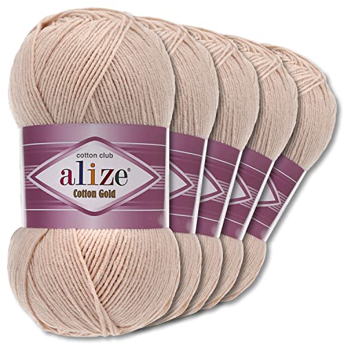 Alize 5 x 100 g Cotton Gold Premium Wolle| 39 Farben Sommerwolle Garn Stricken Amigurumi (67 | Champagne)