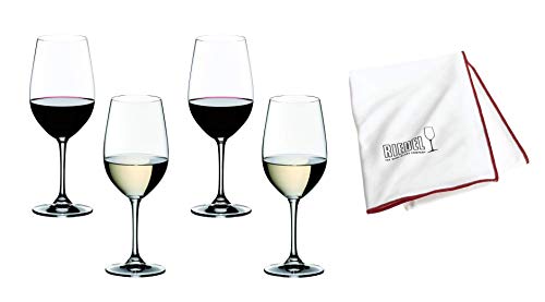 Riedel Vinum 4 x Weißwein Rotwein Set mit Glastuch, Riesling Grand Cru/Zinfandel (7416/54 + 5010/07) Vorteilsset