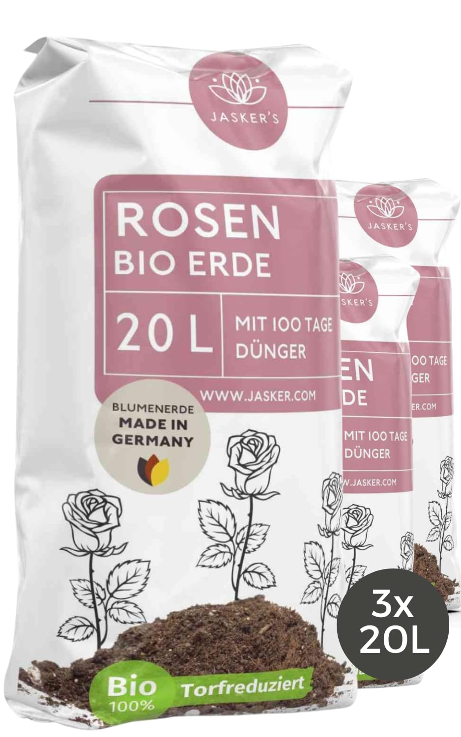 Bio Rosenerde 60 L (3x20L) - Blumenerde für Rosen aus 40% weniger Torf - Pflanzerde Rosen - Rosenerde für Kübel mit Dünger - Erde für Pflanzen - Rosen Anzucht Erde - Erde für Rosen - Rosen Erde
