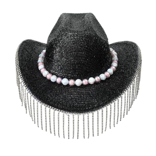 Xuanxi Urlaubs-Cowboyhut, Diamant-Quasten, Handperlen, Kristall, Geschenk für Mädchen, Cowgirl-Hut für Karneval, Musikfestival, funkelnder Hut