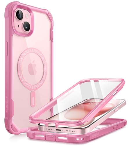 i-Blason Ares Mag Hülle für iPhone 15 / iPhone 14 / iPhone 13 (6.1"), Kompatibel mit MagSafe, Bumper Case Transparent Handyhülle Robust Schutzhülle Cover mit Displayschutz, Pink
