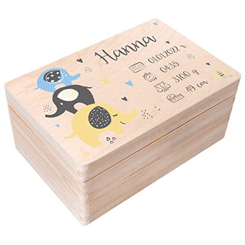 Creative Deco Erinnerungsbox Baby Holzkiste Personalisiert | 30 x 20 x 14 cm (+/-1cm) | Elefant Motive für Geburt & Taufe | Groß Natur Geschenk Spielzeugkiste Holzbox mit Deckel Gravur