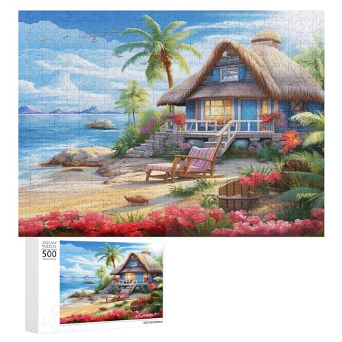 Strand Cottage-Puzzlespiel Aus Holz, 500 Puzzleteile, Kreatives Puzzle Für Teenager Und Erwachsene, Kreatives Spielzeug, Puzzles, （52×38cm）