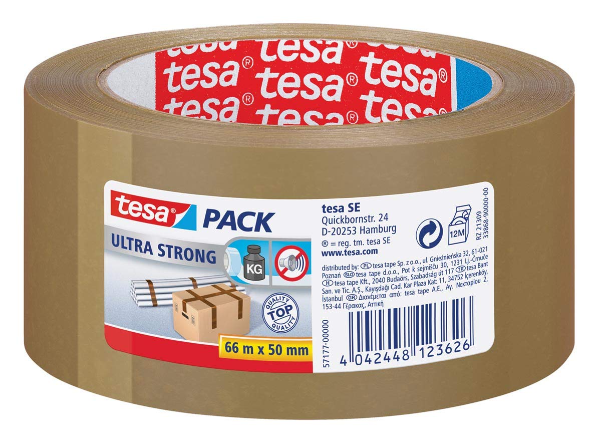 tesa Ultra Strong Packband (aus PVC mit besonders starker Klebekraft, Braun, 66 m x 50 mm, 6er Pack)