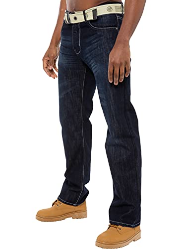 Enzo Herren-Jeans mit geradem Bein, normale Passform, Denim-Hose, Reißverschluss, fliegenfreier Gürtel, Dark Wash, 42 W/32 L