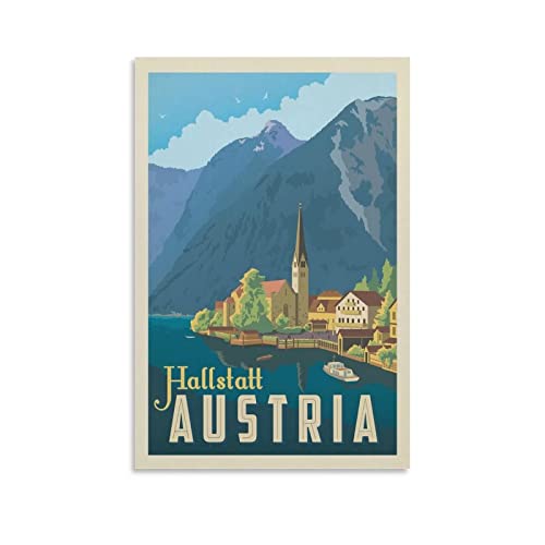 XXJDSK Poster Kunstdrucke Austria Hallstatt Vintage-Reiseposter für Schlafzimmer, ästhetisch, dekoratives Gemälde 60X90cm Kein Rahmen