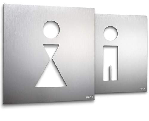 PHOS Design, PSK-B1, 2 WC-Türschilder je 12 x 12 cm, Frau und Mann, Edelstahl, selbstklebend, Toiletten-Schild Set, Herren und Damen Symbol, Türschild zum kleben, ohne Bohren, Hinweis-Schild