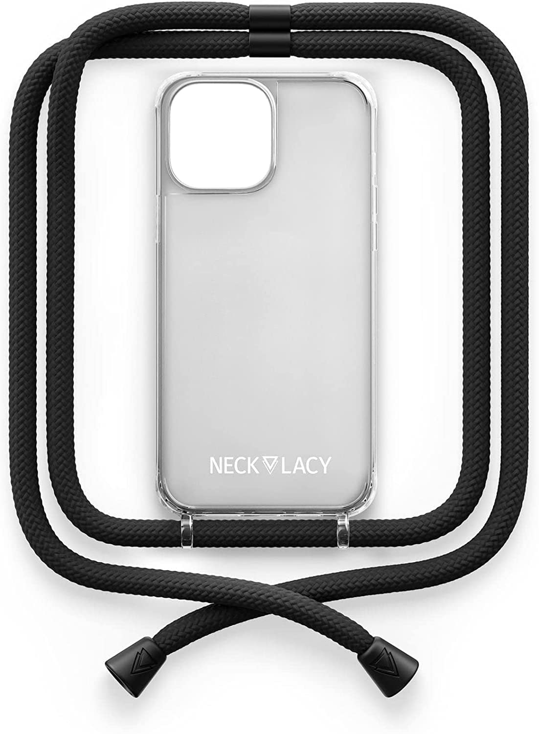 NECKLACY® - Die Premium Handykette für Apple iPhone 14 Pro Max in All Black | transparente Handyhülle mit hochwertiger Kordel zum Umhängen - Smartphone Crossbody Case