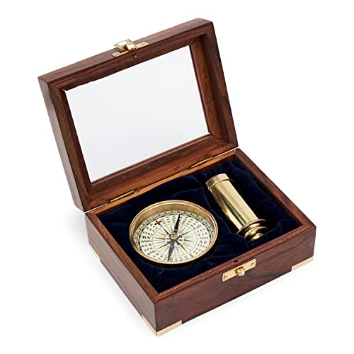 NKlaus Marine-Set Kompass und Teleskop aus Messing in der Holzbox mit Glasdeckel 11685