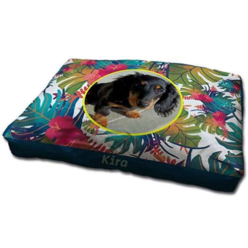 Hundebett. Hundekörbchen. Personalisiert mit Name/Foto. Bett für große / Mittlere / Kleine Hunde. Waschbare Hundematratze und Abnehmbarer Bezug. Tropical Foto