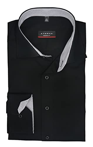 eterna Herren Langarm Hemd Schwarz Modern Fit | 100% Baumwolle Patch Haifisch Kragen Gr. 41