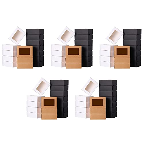 liovitor 150 Stück Mini-Kraftpapier-Boxen mit Sichtfenster, Geschenkbox, Leckerli-Box für Seife, Leckereien, Bäckerei, Süßigkeiten (schwarz, braun, weiß)
