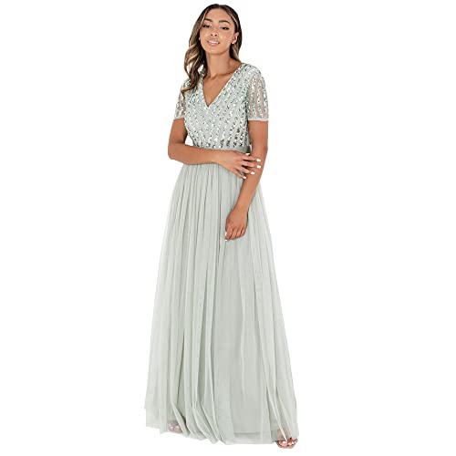 Maya Deluxe Damen Maya Deluxe Stripe Embellished Maxi With Sash Belt Bridesmaid Dress, Green Lily, 48 EU