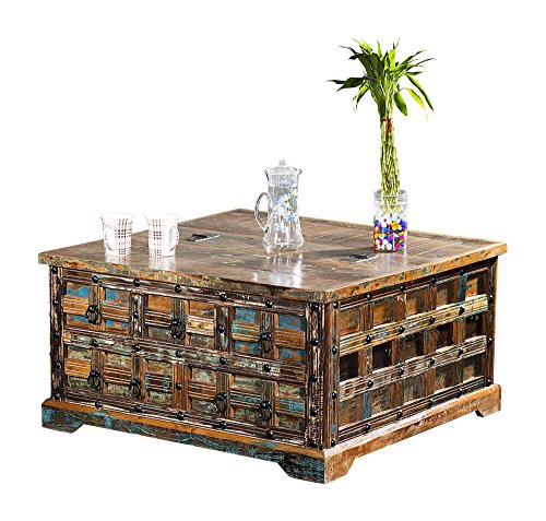 The Wood Times Couchtisch Tisch Massiv Vintage Look Delhi Holz FSC Recycled, LxBxH 90x90x47 cm
