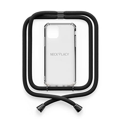NECKLACY® - Die Premium Handykette für Apple iPhone 13 Mini in All Black | transparente Handyhülle mit hochwertiger Kordel zum Umhängen - Smartphone Crossbody Case