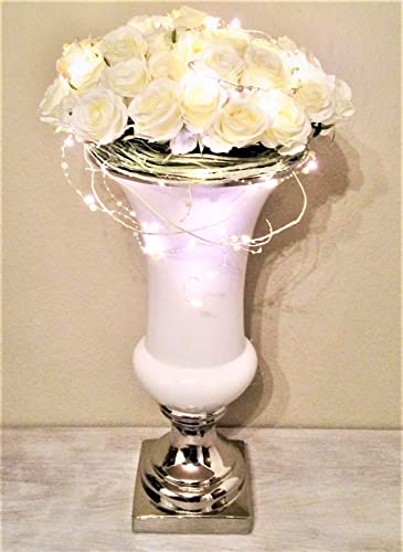 Trumpet Keramikvase Trompetenvase Dekovase Blumenvase Vase Keramik Shabby Chic Weiß-Silber 30 cm