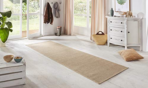 BT Carpet Nature Läufer In- und Outdoor – Schlingen Küchenläufer Rutschfest Flachgewebe Kurzflor Woll-Optik Fineloop Küchenteppich für Flur, Küche, Garten, Terrasse, Badezimmer – Naturbeige, 80x450cm