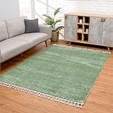 carpet city Teppich Wohnzimmer - Shaggy Hochflor Grün - 80x150 cm Einfarbig - Moderne Teppiche mit Fransen