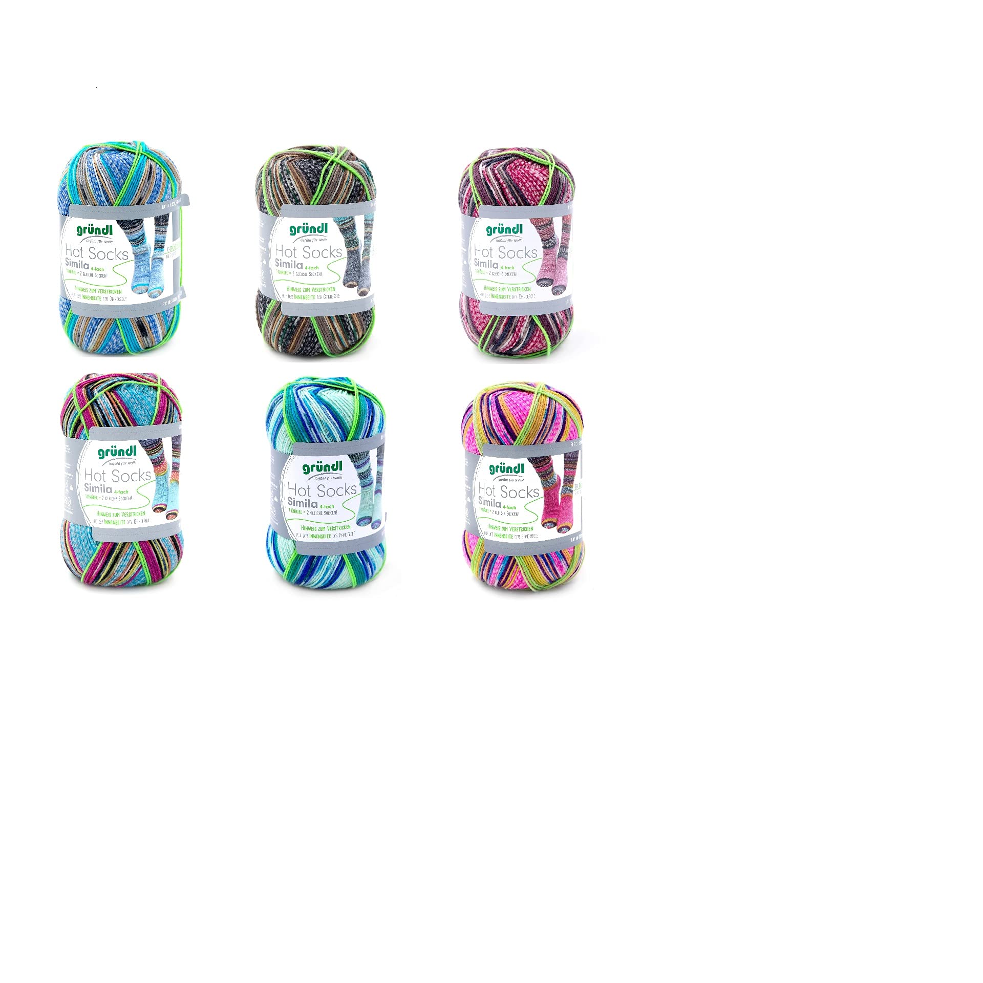 Simila 6X 100g Sockenwolle Paket Gründl Hot Socks, 2 gleiche, identische Socken Stricken, 600g Wollpaket Sockenwolle