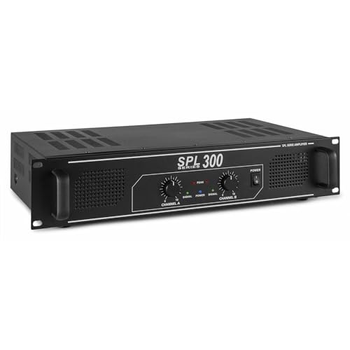 SkyTec SPL300 PA Verstärker Endstufe 300 Watt, mit 3-Band-Equalizer, 3 Kanal Input, Chinch, AUX, ideal für kleine DJ Boxen, Clubs, Bars und Gastronomie, Schwarz