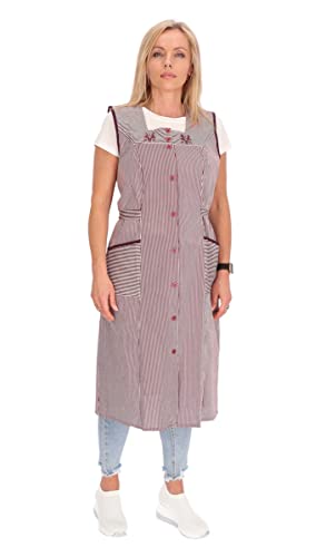 Schuerzenfabrik Knopfkittel Baumwolle gestreift Kochschürze Hauskleid Kittel Schürze Gürtel, Farbe:bordeaux, Größe:60